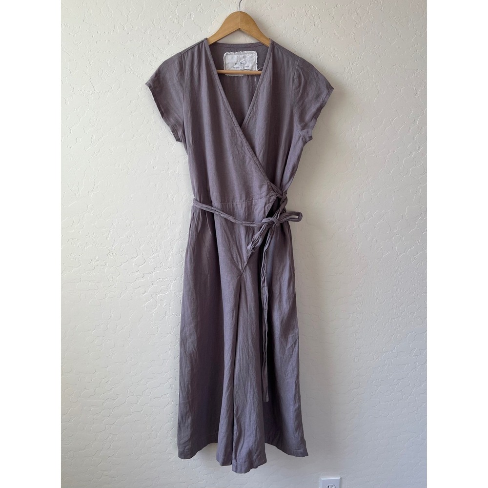 NotPerfectLinen S/M Lavender Wrap Cropped Wide Leg Linen Jumpsuit